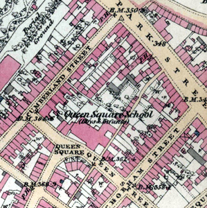 Queen Square Schools shown on an Ordnance Survey map of 1880